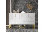 Credenza Lucida Merax 140X40X80 Cm Con 4 Ante, Design Frontale Geometrico, Maniglie E Gambe In Metallo, Cassettiera Per Soggiorno E Corridoio, Bianco