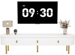 Mobile Tv Fortuna Lai, Credenza Bassa Con Cassetti, Maniglie E Gambe Dorate, Angoli Arrotondati, Bianco