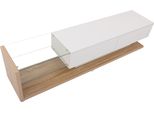 Fortuna Lai, Lavagna Bassa Tv Lucida Con Divisorio In Vetro, Illuminazione Led Dimmerabile, Design Moderno In Bianco E Legno