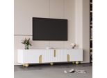 Mobile Tv Merax 180X40X44Cm Con 4 Ante, Lavagna Tv In Marmo, Mobile Tv Con Piedini Sferici In Legno Massiccio, Console Multimediale Da Salotto, Bianco
