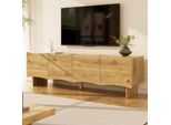 Merax Mobile Tv Moderno Con Motivo A Onde, Mobile Tv Basso Con 4 Ante E Spazio Di Archiviazione, Mobile Tv Con Canaline Per Cavi, Console Multimediale, Colore Legno