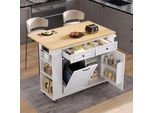 Carrello Da Cucina Merax A Isola Su Rotelle, Carrello Da Cucina Mobile Con Piano Di Lavoro Estensibile, Prese Di Corrente, Vano Portarifiuti, 2 Cassetti, Bianco