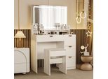 Comodino Fortuna Lai Con Specchio, Comodino Angolare Con Illuminazione Led A Luminosità Regolabile E Sgabello, Tavolo Cosmetico Con 4 Cassetti, Presa Di Corrente, Porta Asciugacapelli (Bianco)