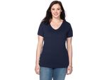 T-Shirt Sheego "T-Shirt", Damen, Gr. 44/46, Blau (Marine), 100% Baumwolle, Unifarben, V-Ausschnitt, Shirts T-Shirt