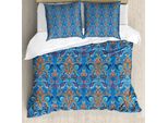 Abakuhaus Set Copripiumino Blu, Motivo Floreale Astratto Con Influenze Paisley, Riccioli Elaborati E Foglie Vorticose, 200 X 200 Cm + 80 X 80 Cm, Blu Arancione Corallo
