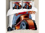 Abakuhaus Copripiumino Autos, Cartooon Hot Rod-Klassiker, Antiacaro, Adatto A Chi Soffre Di Allergie, Con Federe, 155 Cm X 220 Cm - 80 X 80 Cm, Arancione Blu Nero