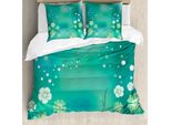 Set Copripiumino Abakuhaus Green Flower, Magica Composizione Floreale Dalle Vibrazioni Mistiche Che Lascia Un Vortice Di Petali, 200 X 200 Cm + 80 X 80 Cm, Verde Pistacchio Turchese