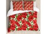 Set Copripiumino Abakuhaus Hawaii, Bouquet Floreale Di Ispirazione Botanica, Motivo Retrò Con Ibisco Rosso Disegnato A Mano, 155 X 220 Cm + 80 X 80 Cm, Beige, Verde, Rosso