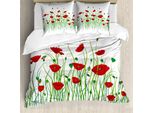Abakuhaus Copripiumino Mohn, Fiori Su Sfondo Rurale, Antiacaro E Anallergico, Con Federe, 155 Cm X 220 Cm - 80 X 80 Cm, Rosso Scarlatto, Verde, Bianco