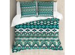 Abakuhaus Set Copripiumino Etnico, Design Tribale Azteco Elementi Geometrici Quadrati Triage Arte Pixel Primitiva, 200 X 200 Cm + 80 X 80 Cm, Verde Acqua Turchese Marrone Chiaro
