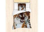 Set Copripiumino Abakuhaus Tiger, Primo Piano Di Panthera Tigris Altaica, Enorme Felino Carnivoro Russo Siberiano, 135 X 200 Cm + 80 X 80 Cm, Marrone Chiaro E Nero