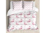 Set Copripiumino Abakuhaus Flamingo, Animali Disegnati In Stile Realistico Su Sfondo Geometrico Con Triangoli Rosa, 155 X 220 Cm + 80 X 80 Cm, Pesca Bianco Rosa