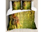 Set Copripiumino Abakuhaus Fuchs, Volpe Nella Foresta Estiva, Prati Freschi, Erba Selvaggia, Mammifero, Natura, 155 X 220 Cm + 80 X 80 Cm, Giallo Verde Arancione