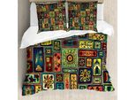 Set Copripiumino Hipster Abakuhaus, Scarabocchi Astratti Con Foglie E Cuori In Forme Geometriche - Rettangoli E Quadrati, 155 X 220 Cm + 80 X 80 Cm, Multicolore