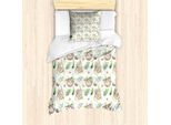 Set Copripiumino Abakuhaus Con Motivo Bradipo, Bradipo Bambino E Mamma, Fiori Dai Colori Tenui, Albero Di Cocco, Famiglia Felice, 135 X 200 Cm + 80 X 80 Cm, Marrone Chiaro E Verde