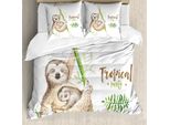 Abakuhaus Set Copripiumino Bradipo, Mamma E Cucciolo Animali Felicità Familiare Acquerello Boho Elementi Tropicali, 200 X 200 Cm + 80 X 80 Cm, Marrone Chiaro Verde