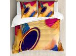 Set Copripiumino Abakuhaus Con Motivo Chitarra, Motivo Astratto A Catena Di Caratteri, Effetto Acquerello, Ispirazioni Vintage, 200 X 200 Cm + 80 X 80 Cm, Viola Blu Magenta