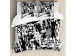 Abakuhaus Set Copripiumino Bianco E Nero, Arte Grunge Vintage Con Pennellate Caotiche, Arte Contemporanea, 200 X 200 Cm + 80 X 80 Cm, Bianco, Nero, Grigio