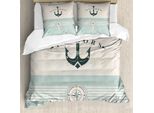 Abakuhaus Set Copripiumino Nautico, Design Marittimo Vintage Per Gli Amanti Dell'oceano Con Ancore, Bussole E Strisce, 200 X 200 Cm + 80 X 80 Cm, Beige Schiuma Di Mare E Verde Reseda