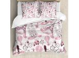 Abakuhaus Set Copripiumino Torre Eiffel, Tema Viaggi A Parigi Luna Di Miele Fiori Romanticismo Mongolfiera Bicicletta Scarpa, 200 X 200 Cm + 80 X 80 Cm, Bianco Rosa