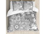 Set Copripiumino Abakuhaus Mandala, Sfumatura Etnica Orientale Zentangle, Motivo Floreale Dettagliato, 155 X 220 Cm + 80 X 80 Cm, Bianco E Grigio