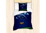 Abakuhaus Set Copripiumino Wal, Arte Surreale - Mongolfiera - Aereo Nel Cielo Nuvoloso - Pesci Animali - Nautico, 135 X 200 Cm + 80 X 80 Cm, Verde Felce - Blu Navy