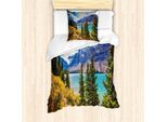 Abakuhaus Set Copripiumino Paesaggio, Parco Nazionale Banff Montagne Rocciose Canadesi Alberi Di Montagna Lago Glaciale Cielo Soleggiato, 135 X 200 Cm + 80 X 80 Cm, Verde Malva Acquamarina