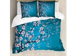 Set Copripiumino Giapponese Abakuhaus, Rosa Con Foglie E Piante Artificiali Ombre - Fiori Di Ciliegio Giapponesi In Primavera Nel Giardino Del Parco, 155 X 220 Cm + 80 X 80 Cm, Blu Petrolio E Rosa Chiaro