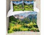 Set Copripiumino Abakuhaus Naturale, Alpi In Primavera Con Erba Fresca, Cielo E Maestose Montagne, Immagine Artistica, 155 X 220 Cm + 80 X 80 Cm, Verde Blu