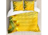 Set Copripiumino Abakuhaus Giallo, Tulipani Danesi Su Sfondo Colorato, Giardino, Fiori, Gigli, Erbe, Stampa Artistica, 200 X 200 Cm + 80 X 80 Cm, Giallo Verde