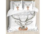 Abakuhaus Set Copripiumino Con Corna Di Cervo, Illustrazione Di Un Cervo Con Sciarpa, Lavorato A Maglia, Stagione Invernale, Dicembre, 155 X 220 Cm + 80 X 80 Cm, Rosso Legno Grigio Bianco