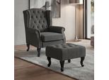 Poltrona Chesterfield, Poltrona Club Reclinabile Poltrona Ad Ala, Tessuto Idrorepellente ~ Grigio Scuro Con Pouf
