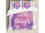 Abakuhaus Set Copripiumino Vivi, Ridi, Ama, Messaggio Di Vita Intelligente E Felice Su Stampa Effetto Pennellata Ad Acquerello, 155 X 220 Cm + 80 X 80 Cm, Bianco, Lilla, Rosa