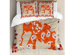 Set Copripiumino Abakuhaus, Elefante Con Disegno Floreale Paisley In Stile Etnico Orientale Con Ornamenti Tradizionali, 155 X 220 Cm + 80 X 80 Cm, Arancione, Bianco E Rosso
