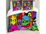 Set Copripiumino Abakuhaus Indie, Disegni Colorati Realizzati A Mano Con Divertenti E Simpatici Mostri Pazzi In Stile Gruppo Di Amici, 155 X 220 Cm + 80 X 80 Cm, Multicolore