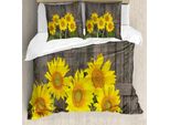 Abakuhaus Set Copripiumino Girasole, Helianthus Girasoli Contro Recinzione Invecchiata E Consumata Dal Tempo Foto Giardino Estivo, 200 X 200 Cm + 80 X 80 Cm, Giallo Verde Marrone