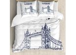 Set Copripiumino Abakuhaus London, Tower Bridge A Londra Architettura Britannica Cultura Internazionale Icona Illustrazione, 200 X 200 Cm + 80 X 80 Cm, Bianco Nero