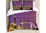 Set Copripiumino Abakuhaus London, Torre Ponte A Londra Di Notte Monumento Storico Culturale Europa Urbano Britannico, 155 X 220 Cm + 80 X 80 Cm, Viola Giallo