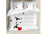 Set Copripiumino Abakuhaus, Coppia Di Pecore Con Cuori Innamorati, Divertente Caricatura Artistica, 155 X 220 Cm + 80 X 80 Cm, Bianco, Nero E Rosso