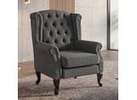 Poltrona Chesterfield, Poltrona Club Reclinabile Poltrona Ad Ala, Tessuto Idrorepellente ~ Grigio Scuro Senza Pouf