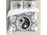 Set Copripiumino Abakuhaus Ying Yang, Simbolo Boho Ying Yang In Un Fiore, Design Zen Hippie, Motivo Mandala Floreale, 155 X 220 Cm + 80 X 80 Cm, Bianco E Nero