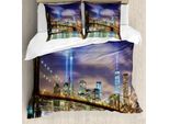 Abakuhaus Set Copripiumino Paesaggio, Skyline Di Manhattan Con Ponte Di Brooklyn E Torri A New York, Stati Uniti, 155 X 220 Cm + 80 X 80 Cm, Viola Verde