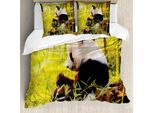 Set Copripiumino Abakuhaus Panda, Grande Panda Seduto Nella Foresta, Stampa Con Immagine Di Bambù, Fogliame E Natura Selvaggia, 155 X 220 Cm + 80 X 80 Cm, Verde E Nero