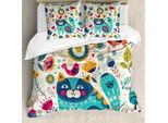 Set Copripiumino Abakuhaus Con Gatto, Figura Di Gatto Con Uccelli, Fiori, Foglie, Alberi, Farfalle, Primavera, Illustrazione Elaborata, 200 X 200 Cm + 80 X 80 Cm, Multicolore
