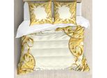 Set Copripiumino Abakuhaus Pearls, Illustrazione Di Una Cornice Con Decorazioni E Perle In Stile Barocco Con Motivi Floreali, 155 X 220 Cm + 80 X 80 Cm, Giallo Crema
