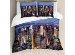 Abakuhaus Set Copripiumino New York, Skyline Di New York City Di Notte Hudson Manhattan Broadway Wall Street, 155 X 220 Cm + 80 X 80 Cm, Blu