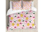 Set Copripiumino Abakuhaus Anime, Motivo Allegro Con Simpatici Personaggi Dei Cartoni Animati, Palline Di Riso E Stelle Ciliegia Su Sfondo A Righe, 155 X 220 Cm + 80 X 80 Cm, Bianco, Giallo, Rosa