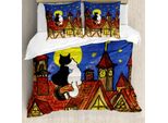 Abakuhaus Set Copripiumino Gatto, Coppia Di Innamorati Romantici Tetto Cielo Stellato, 155 X 220 Cm + 80 X 80 Cm, Multicolore