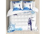 Set Copripiumino Abakuhaus Faro, Acquerelli Nostalgici Con Gull Ancient Anchor Tema Marino Con Faro, 155 X 220 Cm + 80 X 80 Cm, Blu E Bianco