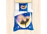 Abakuhaus Set Copripiumino Per Gatti, Mezzaluna E Stelle, Tema Notturno "Sogni D'oro"", Disegno Cartoon, 135 X 200 Cm + 80 X 80 Cm, Blu E Giallo"